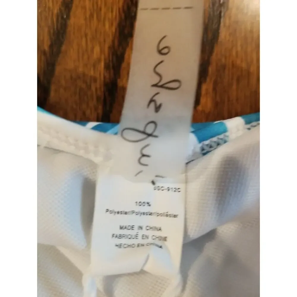 Cupshe Teal Blue & White Bamboo Leaf Print One‎ Piece Swimsuit Size Small NWT